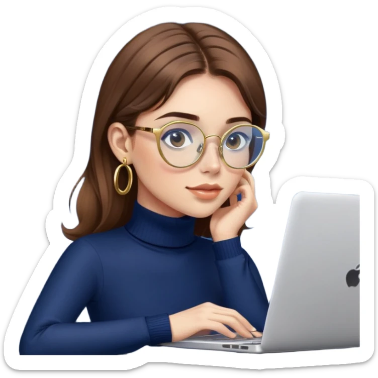 Girl with brown hair, navy blue turtleneck, gold hoop earrings, blue light glasses, working on laptop sticker