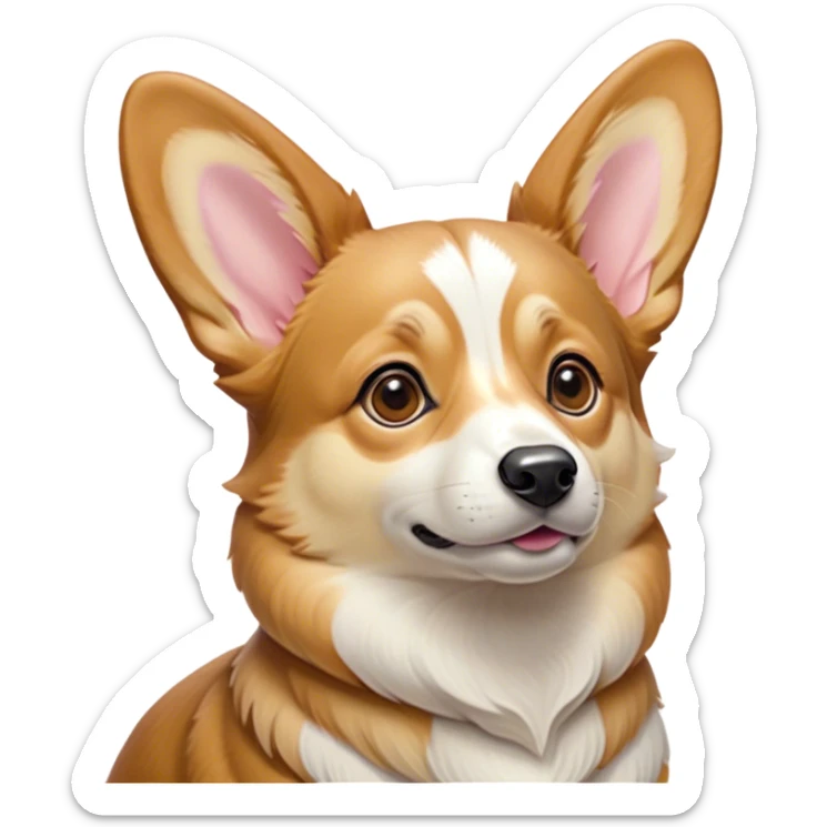 Cinematic Noble Fawn Corgi Portrait Emoji, Poised and regal, with a sturdy, compact build, a smooth fawn coat accented by crisp white markings, and low-set, perky ears, deep-set soulful brown eyes, Simplified yet sharp and sophisticated features, highly detailed, glowing with a soft, dignified glow, high shine, intelligent and loyal, stylized with an air of determination, focused and attentive, soft glowing outline, capturing the essence of a watchful and confident herder, so majestic it feels as though it could trot out of the screen with effortless authority! sticker
