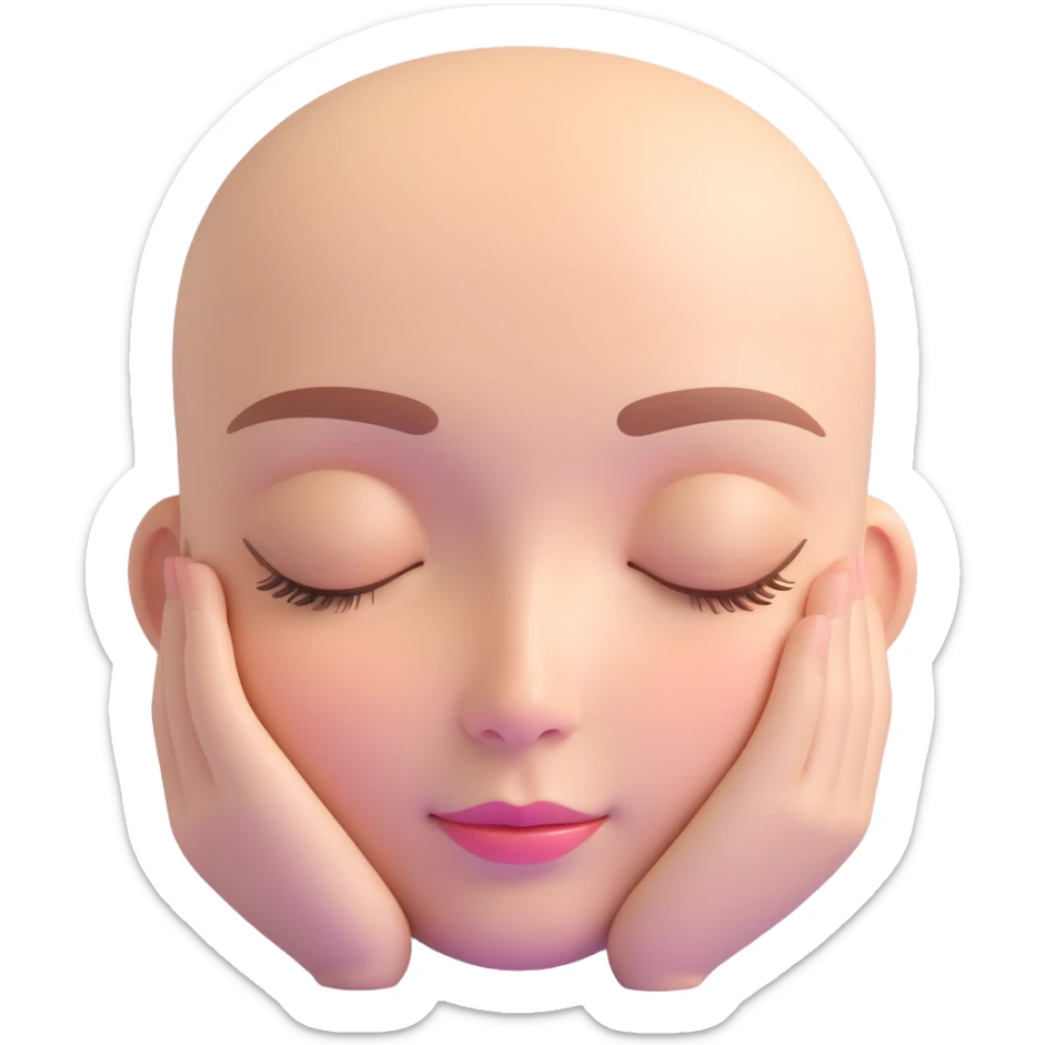 3D emoji-style portrait of a human face, calm and relaxed, smooth rounded features, large slightly closed eyes, soft smile, neutral brow, glossy surface, pastel skin, soft lighting, peaceful and friendly, ultra-realistic 3D, blurred neutral background sticker