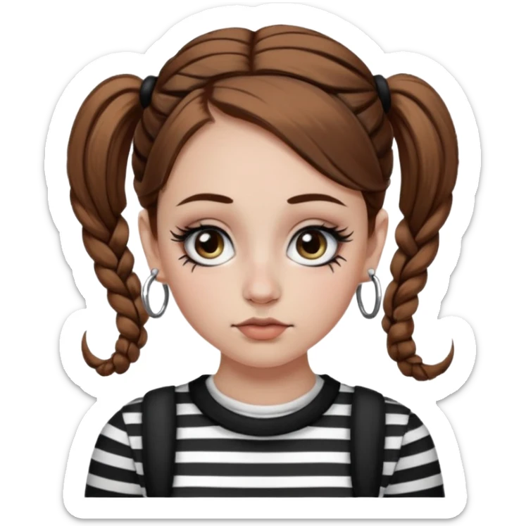 a white girl with brown hair in very low pigtails black eyeliner big false eyelashes with a septum piercing nose piercing big hoop earings dermals close to the eyes one on each side wearing a black and white striped long sleeve shirt sticker