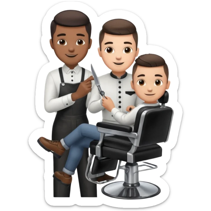 Barber cutting boys hair. Show the boy sat in black barber chair and both having smiles on their faces sticker