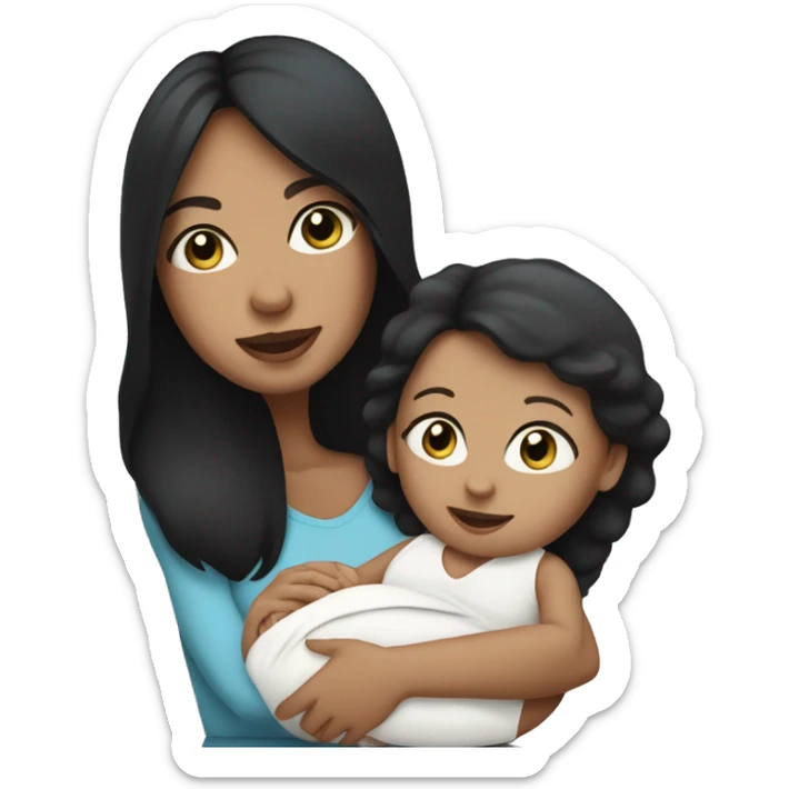 mom holding newborn baby girl with blue eyes white skin black hair and white skin sticker