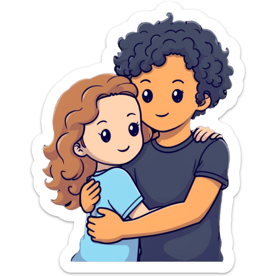 girl with long light brown hair and pale skin hugging a boy with black curly hair and tanned skin sticker