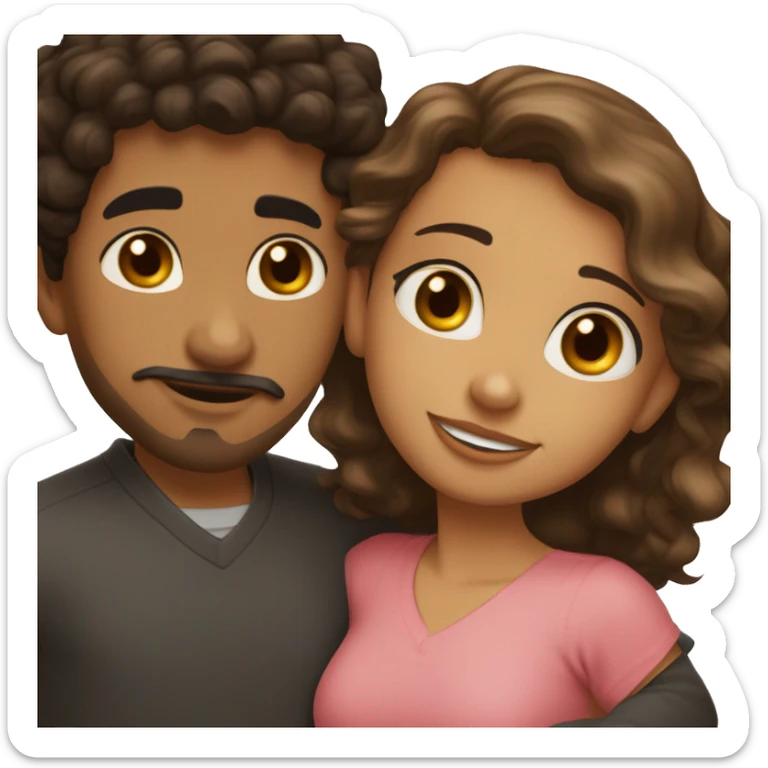 Hispanic girl with light skin, hazel eyes and black wavy hair hugging Arab boy with medium curly hair that is light brown and a tiny mustache and goatee sticker