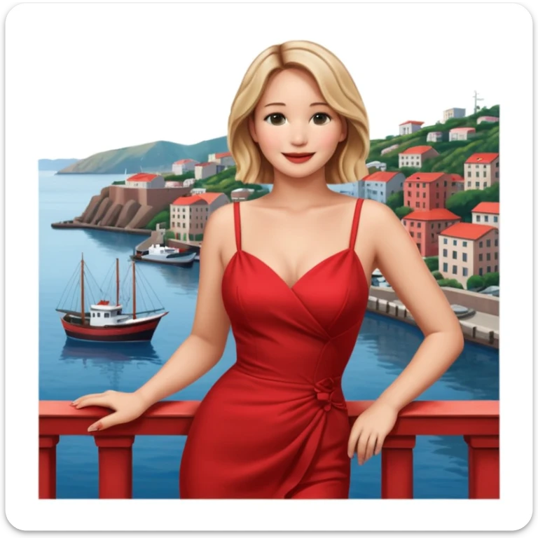 jennifer lawrence, red dress leaning on a balcony with a harbor and cityscape in the background, smiling sticker