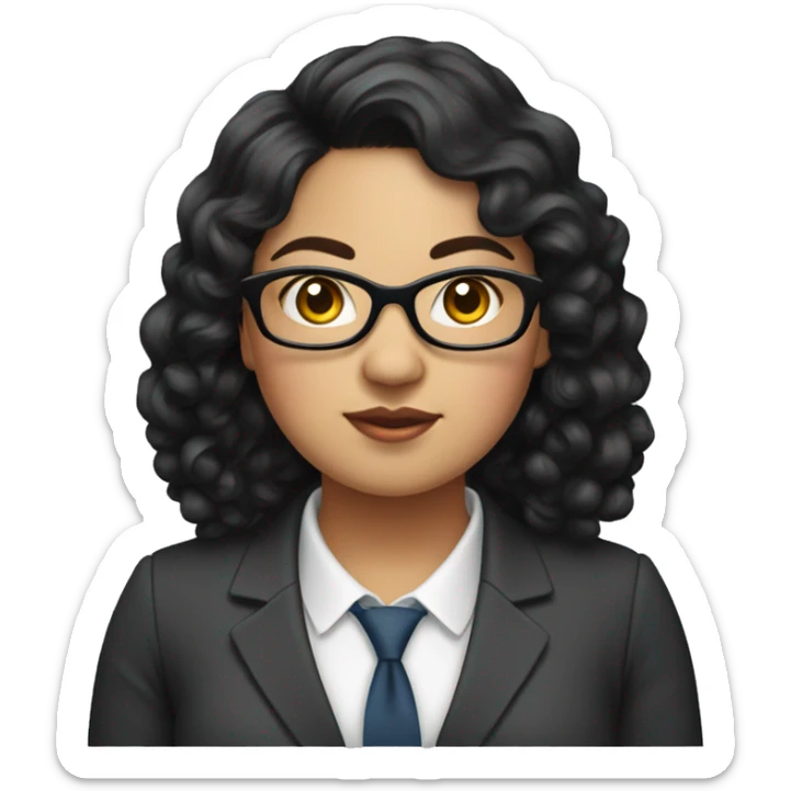 Southeast Asian woman, overweight, dressed in a suit, wearing glasses, black curly hair sticker