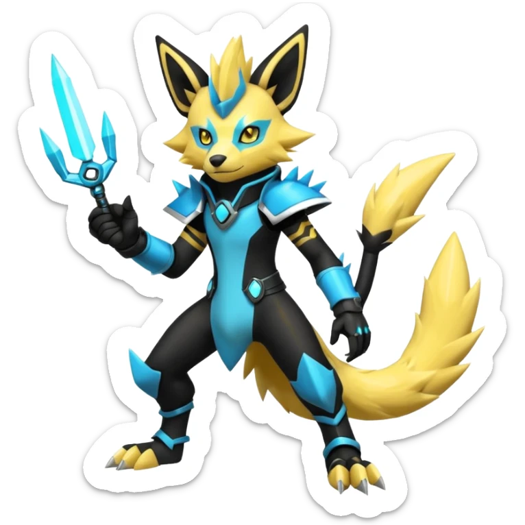 Shiny badass cool edgy spikey fluffy realistic cyan yellow white electric complex futuristic Zeraora-Luxray-Electrike-Umbreon-Manectric-Weregarurumon-fusion-creature (full body) wearing black gauntlets sticker
