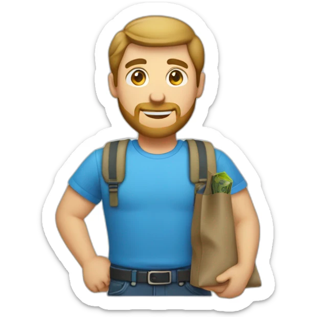 caucasian male with small beard blue shirt and with bag of money sticker