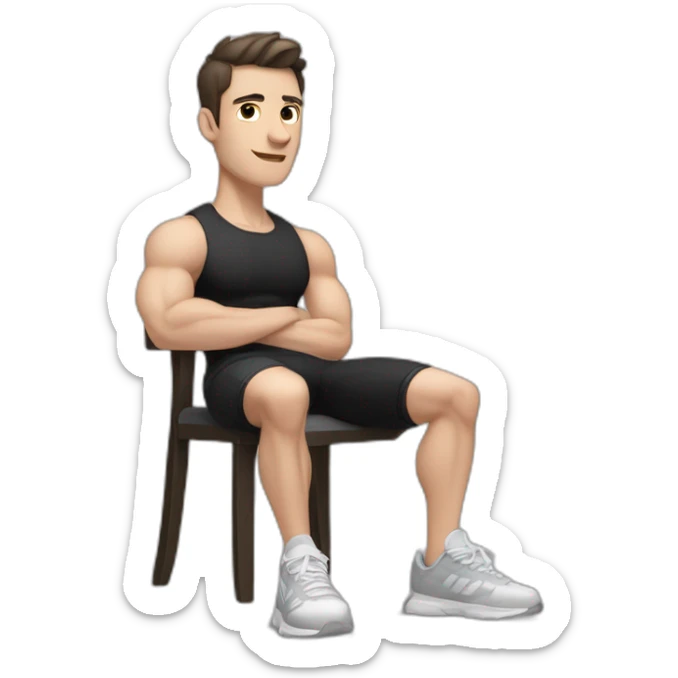 Pale skinned Fit Man With the biceps and dark brown hair in black shirt, gray sports shorts and white Sneakers Sitting on a chair sticker