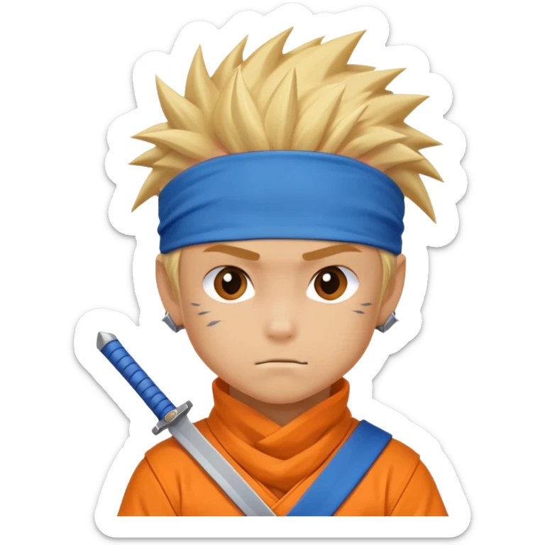 A blonde ninja boy with spiky hair, whisker marks on cheeks, orange outfit, and blue headband with metal plate sticker