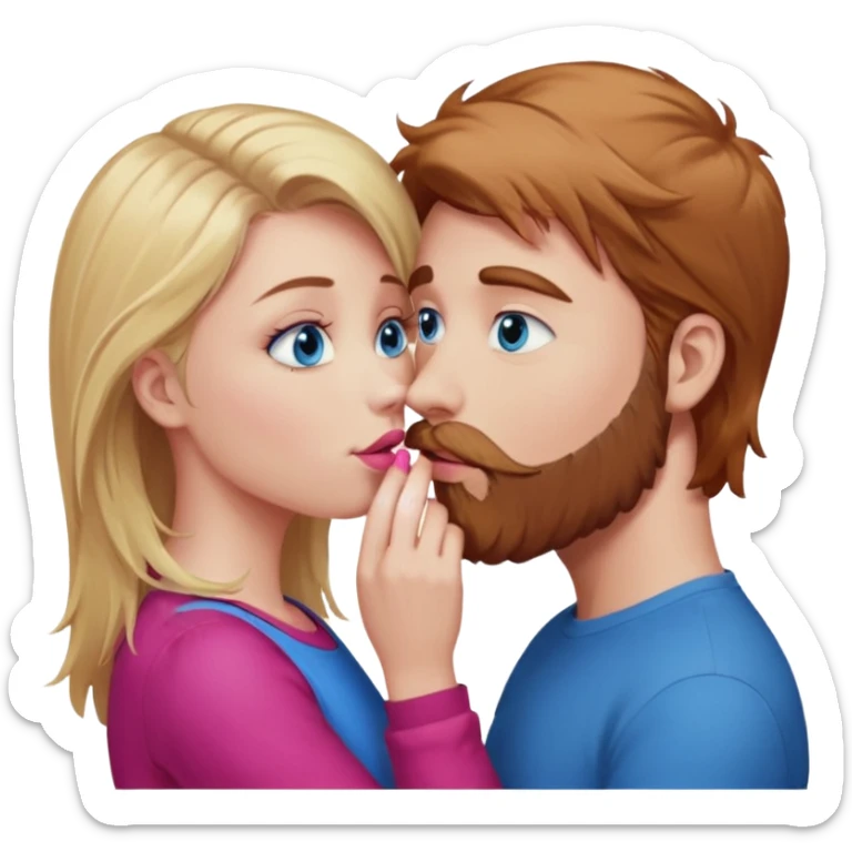 long blonde hair blue eyed girl pink facing a reddish brownish hair and scruffy beard, blue eyed, white male whose holding her face kissing  sticker