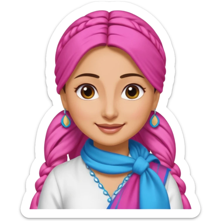 generate a pretty bratz emoji that looks like Kareena Kapoor's Geet character. 
Make her wear a white shirt with a colorful blue-pink dupatta wrapped around her neck. smiling big. hair tied into a side part ponytail

She should look like Kareena Kapoor sticker