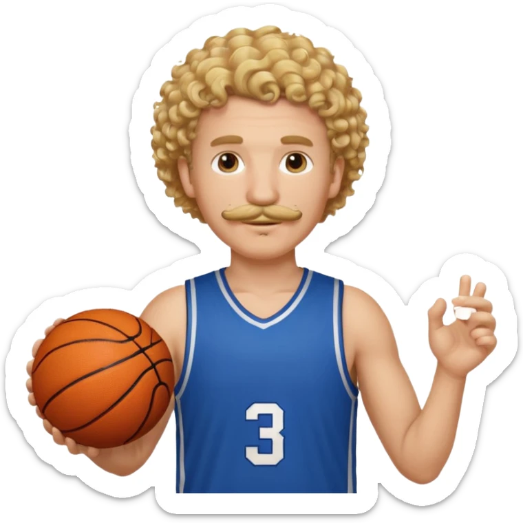 white blonde curly hair man basketball player blue jersey with mustache holding basket ball sticker