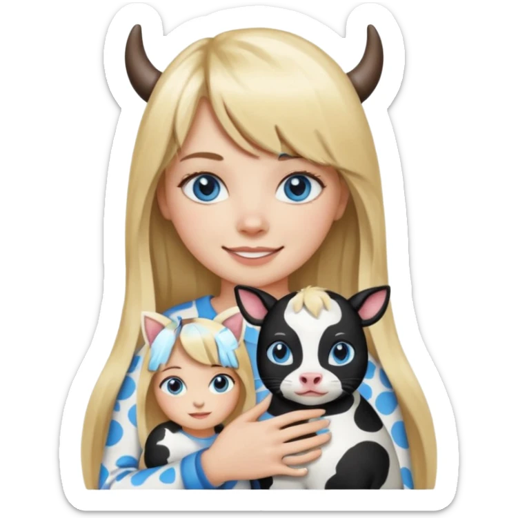 Apple-style emoji sticker of a young woman with long blond hair and straight bangs, blue eyes , holding a black-and-white cow-pattern cat on her chest, both smiling.  sticker