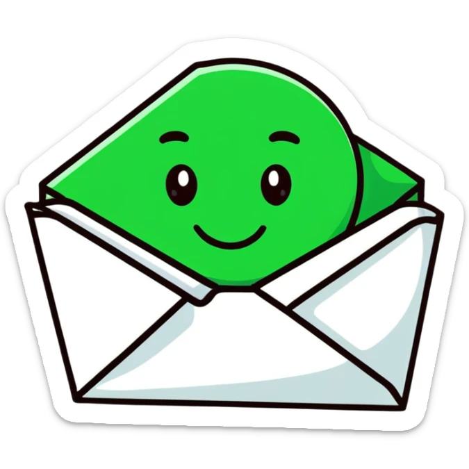 Minimalist Maya-inspired emoji showing happy face receiving a letter, white and deep green only, flat design, clean lines sticker