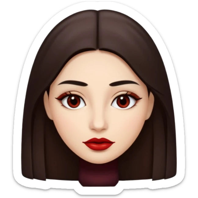 A woman emoji with fair skin, long straight dark brown hair parted in the middle, an oval-shaped face, arched dark eyebrows, almond-shaped brown eyes, a small nose, and full lips colored with deep red lipstick. sticker