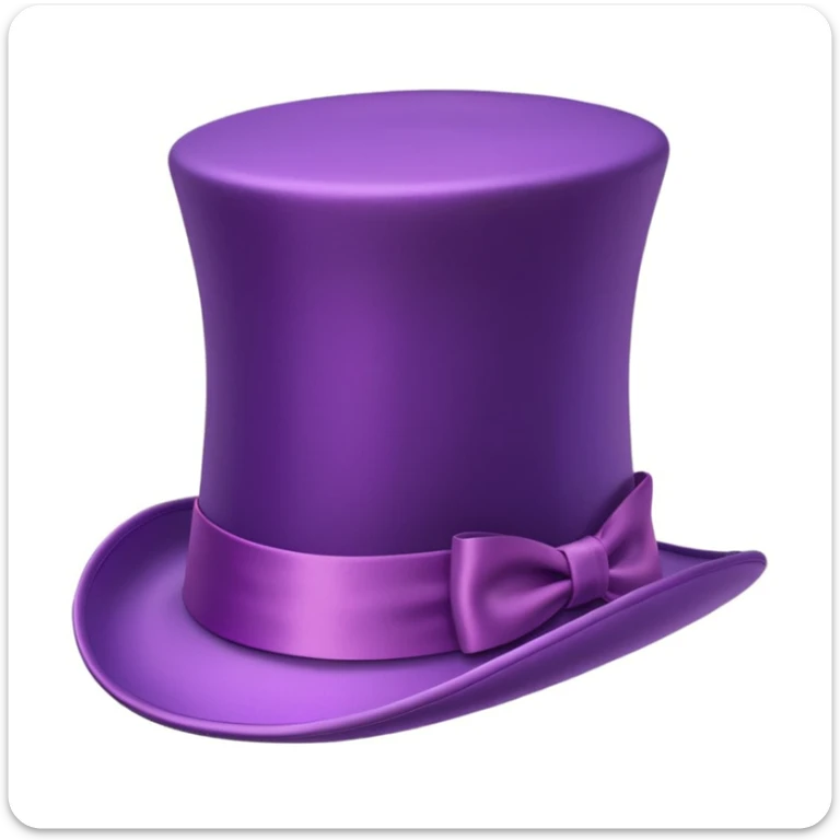 3D emoji of a whimsical purple top hat with a wide brim, shiny and smooth, with a bright satin ribbon, inspired by Willy Wonka, cartoon Apple style, soft shadows, white background. sticker