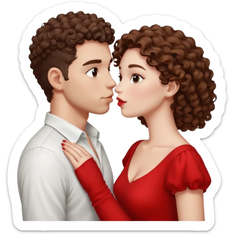 A couple kissing, the man would be white-skinned, mid fade-curly, brown-hair. The serious woman with white skin, brown color sticker