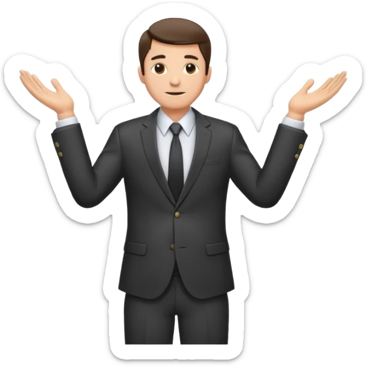 Sticker of a man in a business suit, front view, both arms extended in front of his body at waist level, below chest, hands low near the stomach, elbows slightly bent, palms facing inward as if holding an invisible box, not raised, not upward sticker