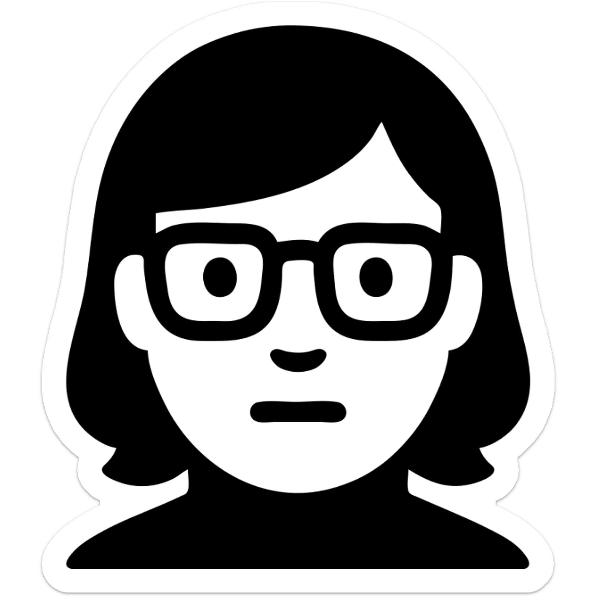 a dark-haired guy with hair to his earlobes, square glasses, brown eyes sticker