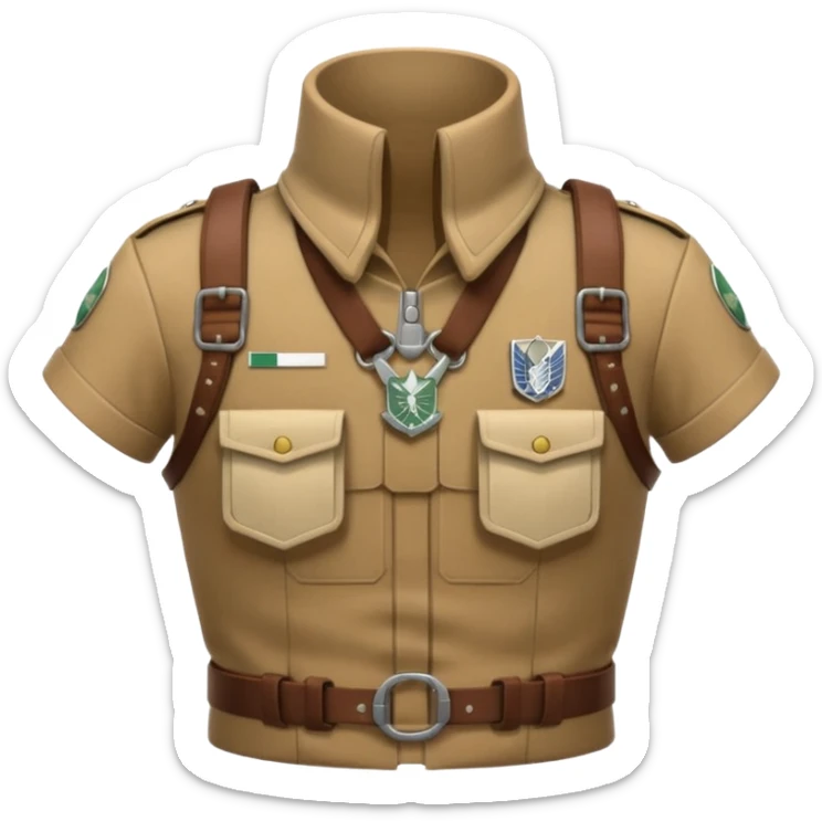 emoji-style icon of Survey Corps uniform from Attack on Titan, showing flared collar, chest harness, minimalist gear, muted anime colors, subtle determined face, stylized for emoji clarity sticker