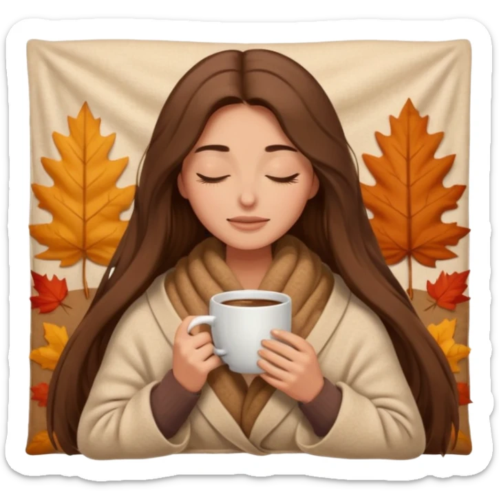 long brown hair woman closed eyes hiding under a cozy wool beige blanket, holding cup of coffee, autumn mood sticker