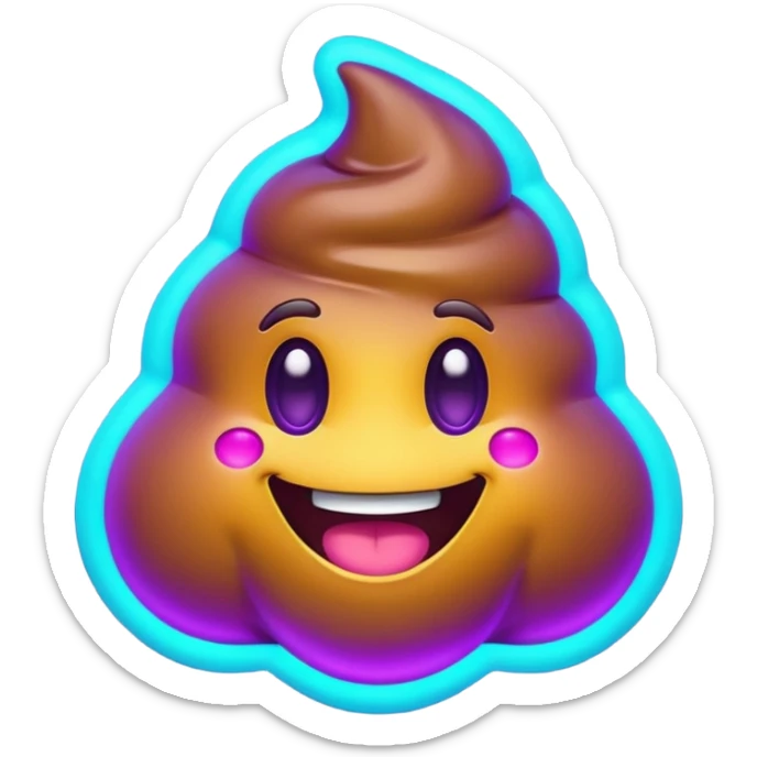 futuristic glowing poop emoji with funny smiling face, purple and cyan neon glow, dark background sticker