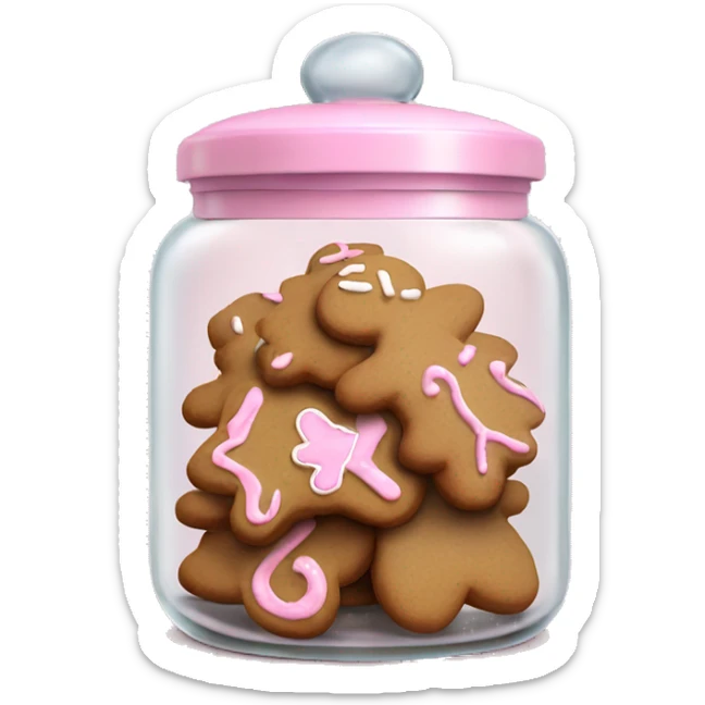 Realistic glass cookie jar with light pink lid full of gingerbread cookies isolated.  sticker