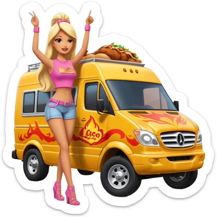 Hispanic pollo loco Barbie’s insanely flaming hot butt burning chicken sandwich Extended length Sprinter 4500 van high roof off road rally delivery food truck capable of rock and desert racing  sticker