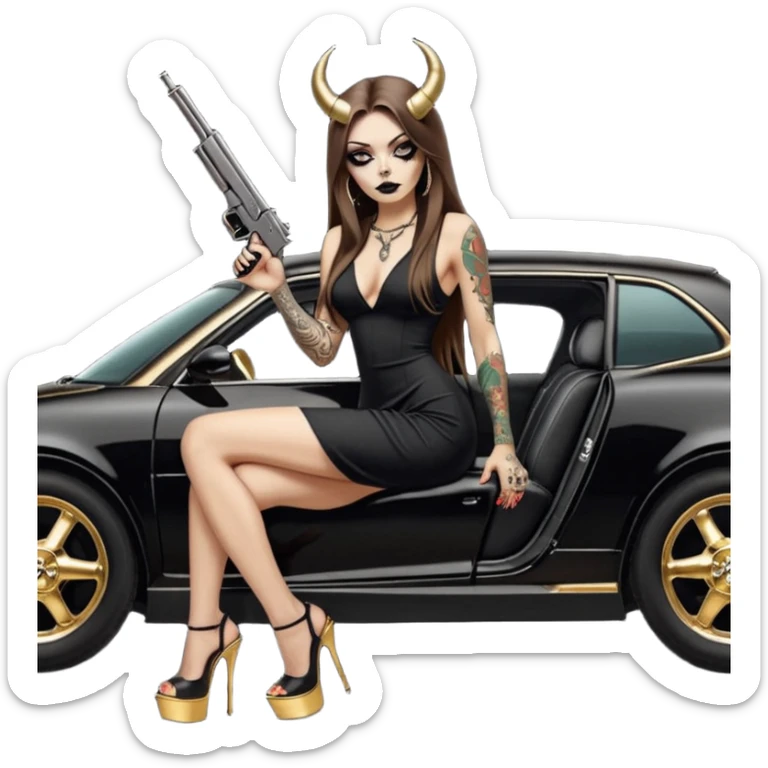 Sensual woman long brown straight haired sexy drug lord woman with tattoos on arm sleeves and black thick butt platform high heels on her feet, and devil black horns on her head, she is holding a skull head and a gun. Sitting on gold car full of cash , long black dress with sexy slit sticker