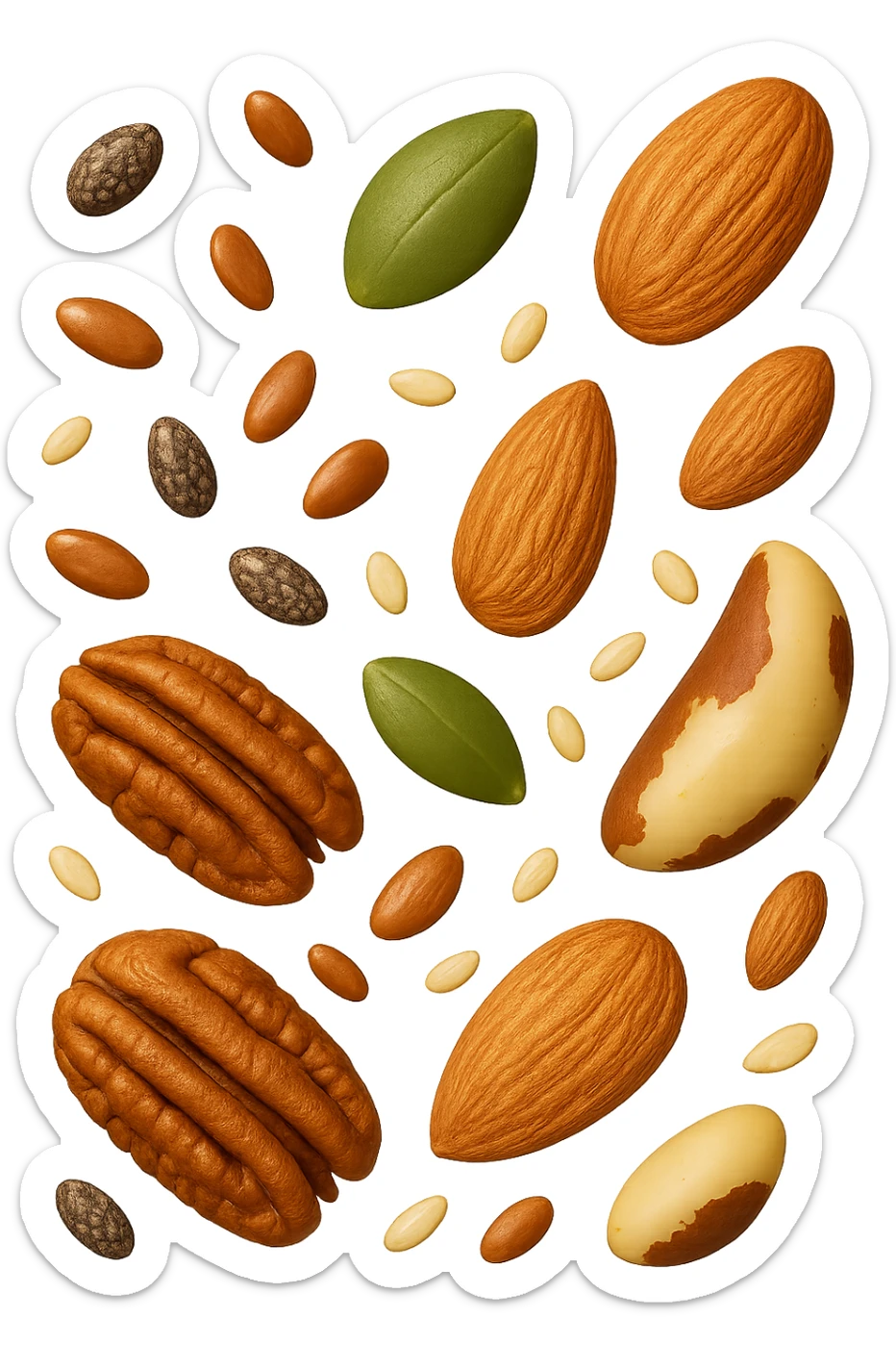 emoji stile iphone 3d di questi elementi che fluttuano in aria:

Semi di chia, lino, zucca, sesamo
Mandorle, noci pecan, noci brasiliane (porzioni limitate)

 che fluttuano sparse casualmente in aria, iperealistico 4k sticker