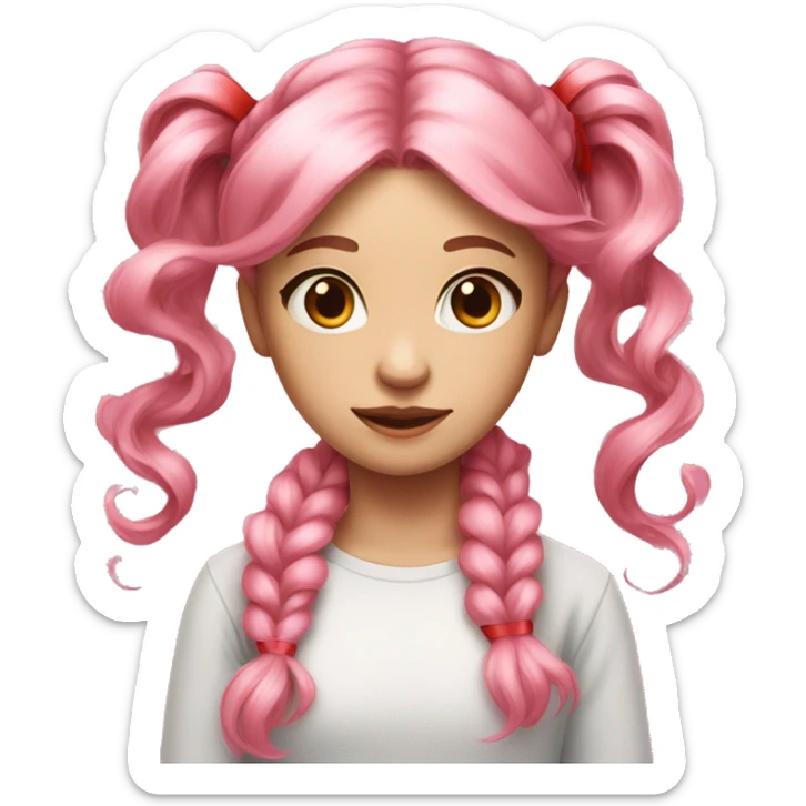 Girl with light pink hair and a ponytail supported by a red ribbon with long curly hair sides and pink eyes sticker