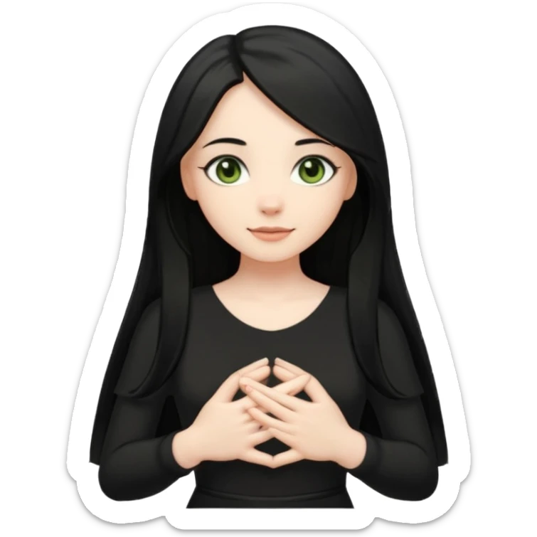 Pale girl with long black hair and olive green eyes soft smile wearing black dress and holding hands over her chest sticker