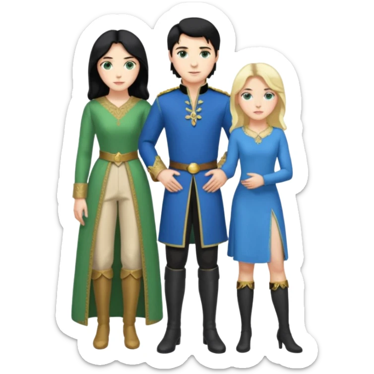 prince, standing upright, black Hair, blue eyes, garment,  woman, bending knee, White sleveless dress, blonde hair, green eyes, sticker