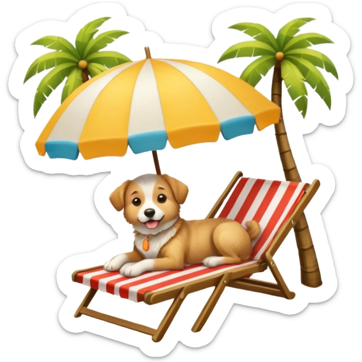 a dog laied on a beach chair, a sunny beach, a sun umbrella, and beach coconut trees. the icon should capture the essence of a relaxing beach vacation with a carefree atmosphere sticker