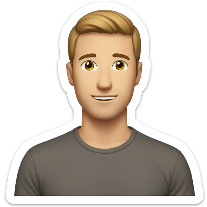 A 25 year old, white man, with short brown hair, with none facial hair,   with brown eyes wearing a t-shirt. sticker