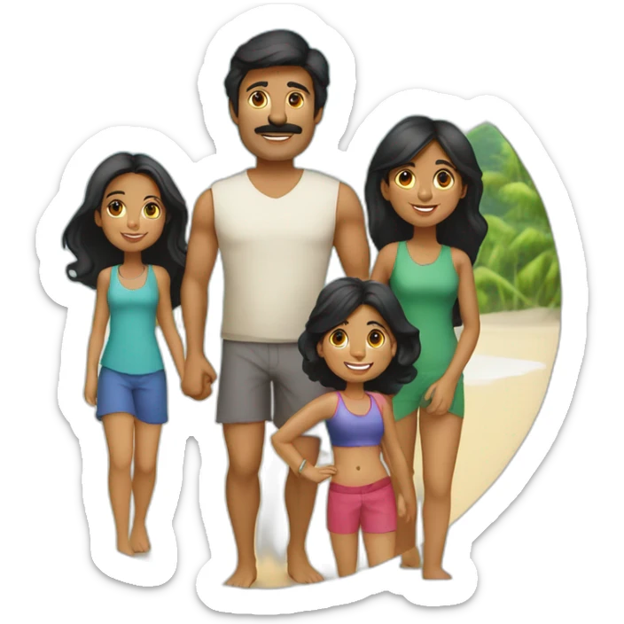 Indian family of 4 people, dad black hair, mom black hair, 1 girl child and 1 boy child and 2 daughters on a beach sticker