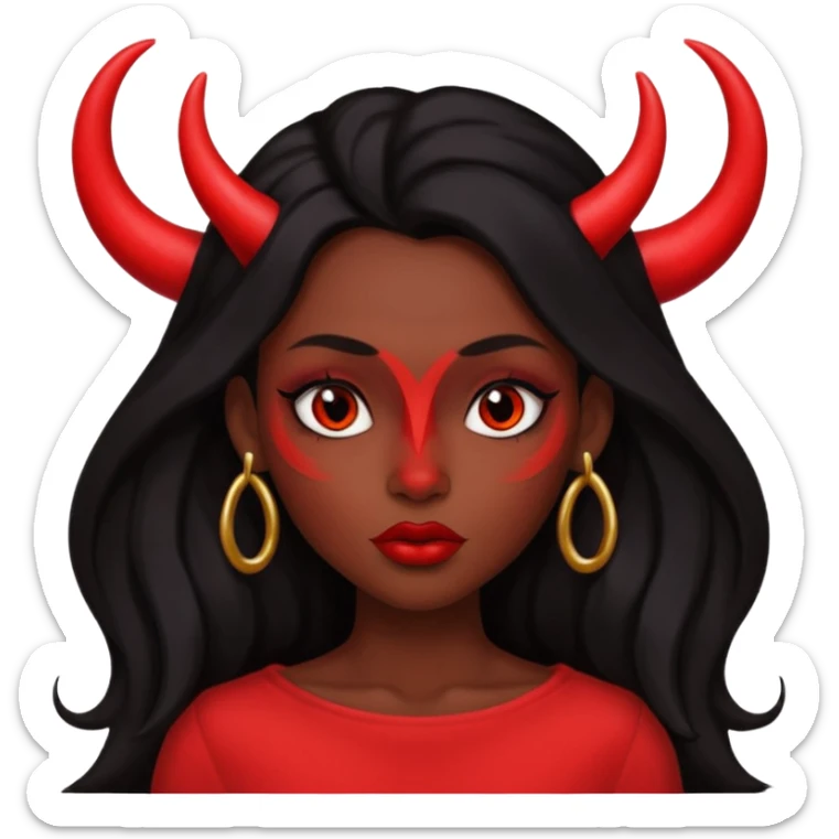 A skin red girl's face with cheekbones, long black hair, small red horns, big lips sticker