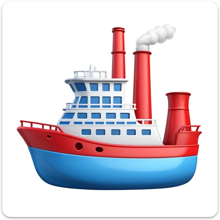 3D Apple-style emoji of a ship with simplified shapes, cartoon-like look, glossy finish, soft shadows, white background, featuring a red smokestack, blue hull, and recognizable windows sticker