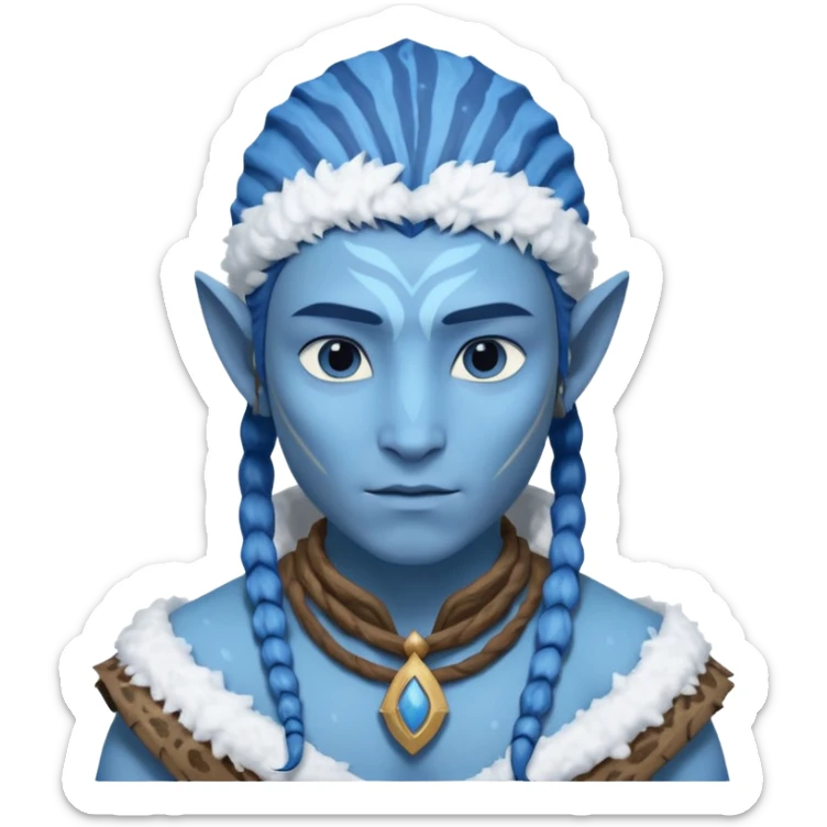 a Avatar blue skin wearing ancient animal skin cloth with snow, half body, icon sticker
