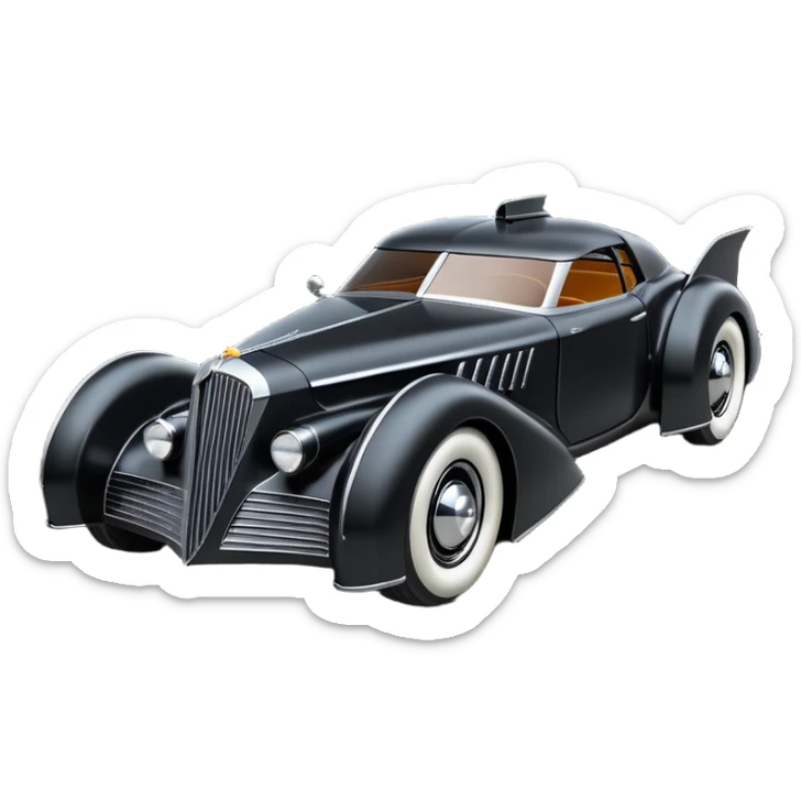  the animated series aerodynamic opulent dark knight futuristic concept Batmobile loosely based on 1936 cord 812 Cadillac(flat long straight faceted mechanical body) winged stealthy street hot rod  sticker