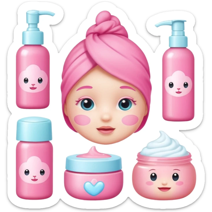 a collection of bright pink soft baby skincare and coqquette sticker