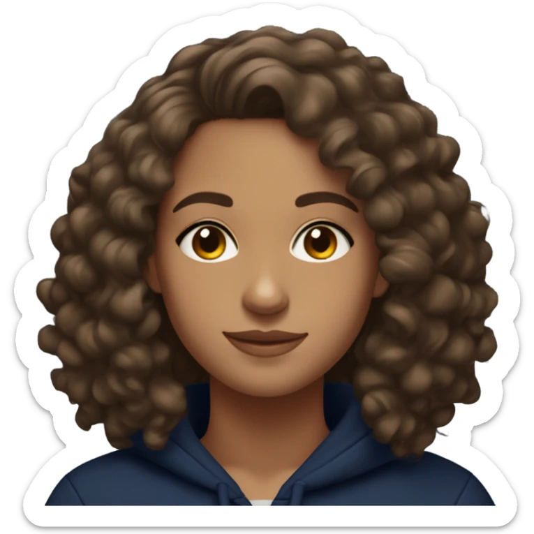 Beautiful lightly tanned skin brunette with slightly curly hair with brown eyes wearing a navy blue hoodie sticker