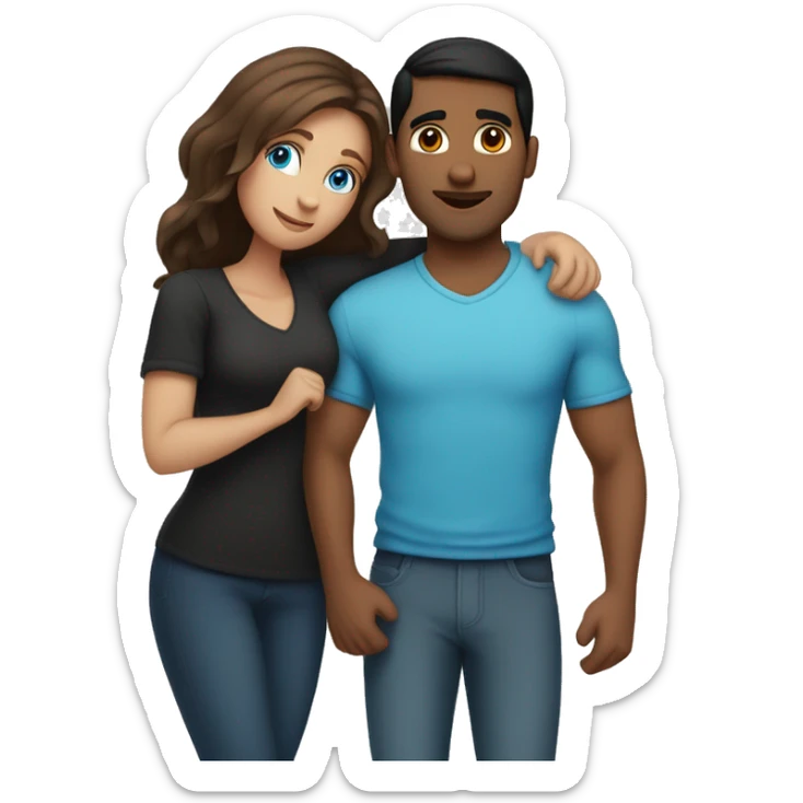 Couple embracing with arms around each other; white woman with blue eyes and brown hair, Indian man with black hair  sticker
