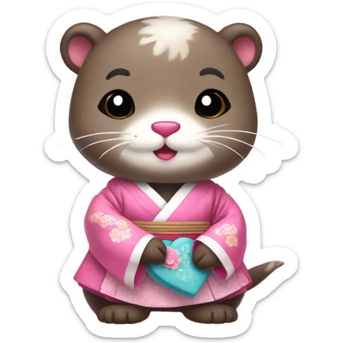 A cute and lovely otter dressed in traditional Korean hanbok, holding a pink heart sticker