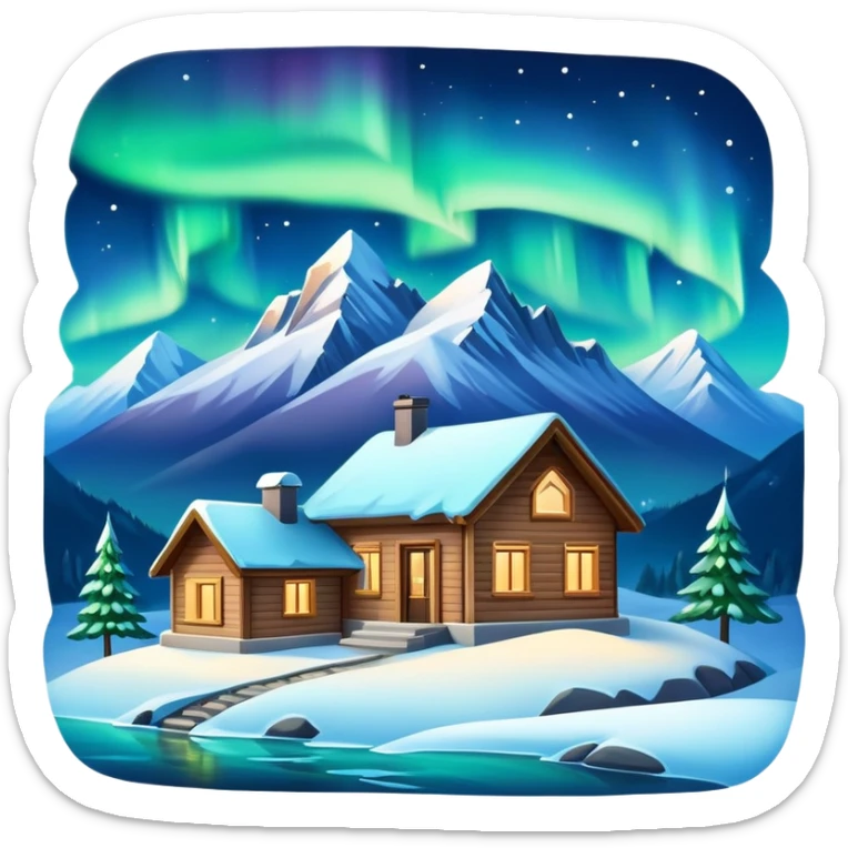 I want the northern lights with a house and mountains in a winter landscape sticker