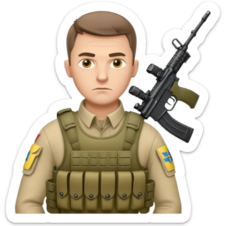 Ukrainian intelligance agency warrior man in platecarrier with nato riffle and ukrainian gerb sticker