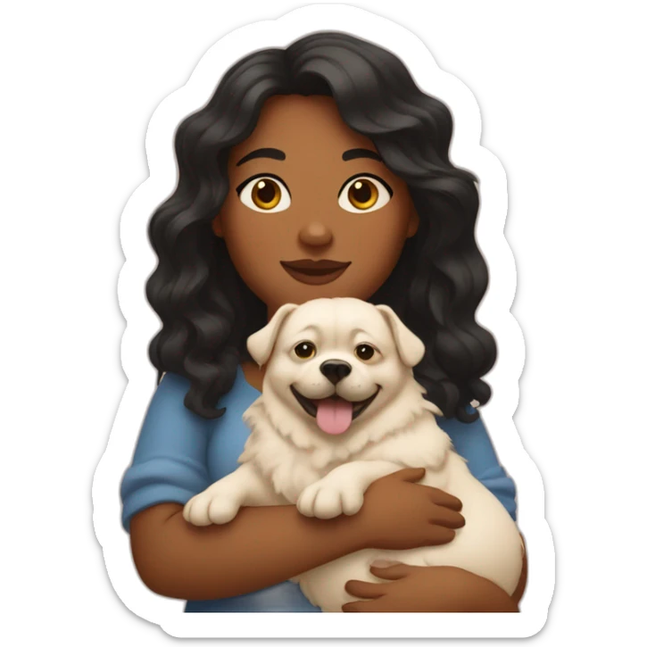 fat girl with  wavy black hairs holding dog in her arms sticker