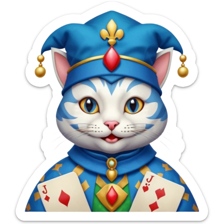 crazy colorful cute little cat jolly joker from poker, medieval, vintage, court jester, mac os icon, blue color, poker cards, mage sticker