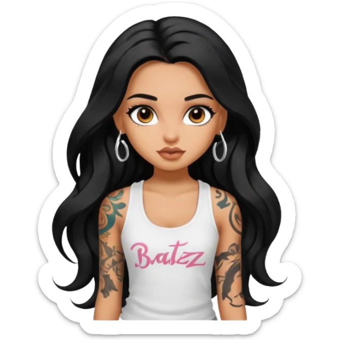 a pretty tan bratz girl with long wavy black hair, wearing a white tank top. with full tattoos sticker